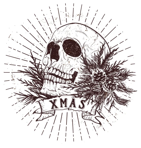 Calavera de Navidad con ramas de abeto — Vector de stock