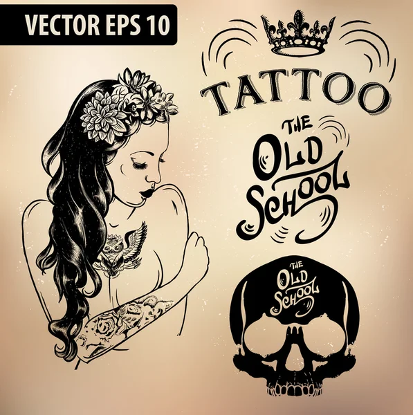 Tattoo Mädchen Old School Studio Totenkopf — Stockvektor