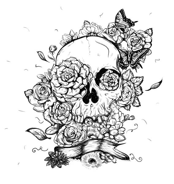 Skull and Flowers Vector Illustration Day of The Dead — Stock Vector