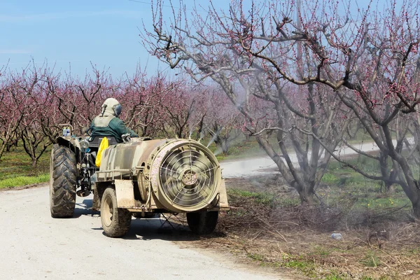 Agricultor con tractor usando un pulverizador de chorro de aire — Foto de Stock