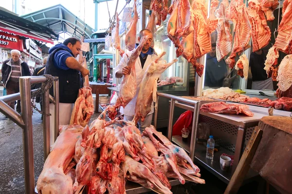 Butcher shop at Vlali Market in Thessalonik — Stock Photo, Image