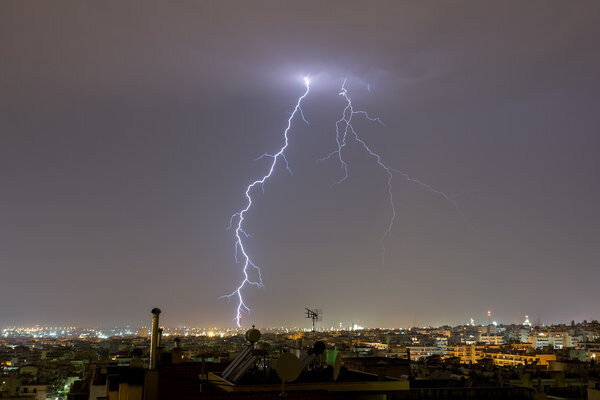 Lightning storm strikes the city of Thessaloniki, Greece