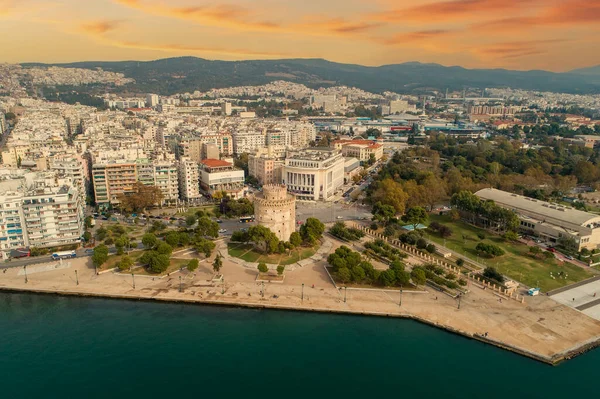 Flygfoto Över Vita Tornet Vid Solnedgången Thessaloniki Grekland — Stockfoto