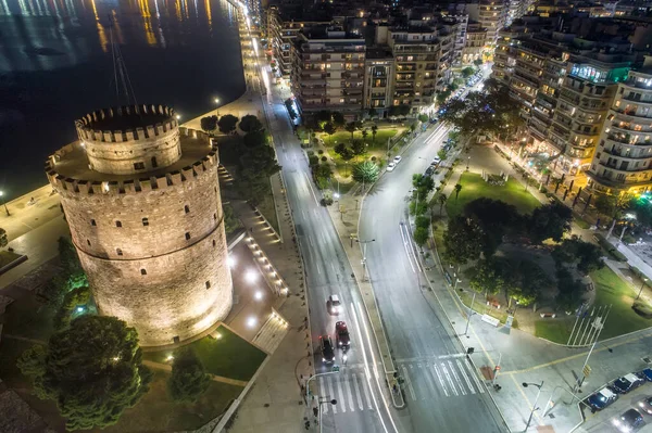 Вид Воздуха Площадь Белой Башни Ночью Салониках Греция — стоковое фото
