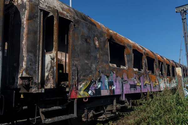 Thessaloniki Griekenland Mei 2021 Verlaten Wagens Werden Verbrand Het Station — Stockfoto