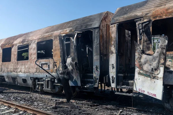 Tesalónica Grecia Mayo 2021 Los Vagones Abandonados Fueron Quemados Estación — Foto de Stock