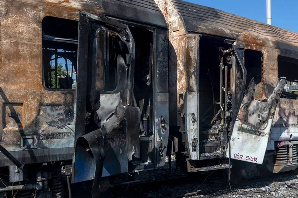 Tesalónica Grecia Mayo 2021 Los Vagones Abandonados Fueron Quemados Estación — Foto de Stock