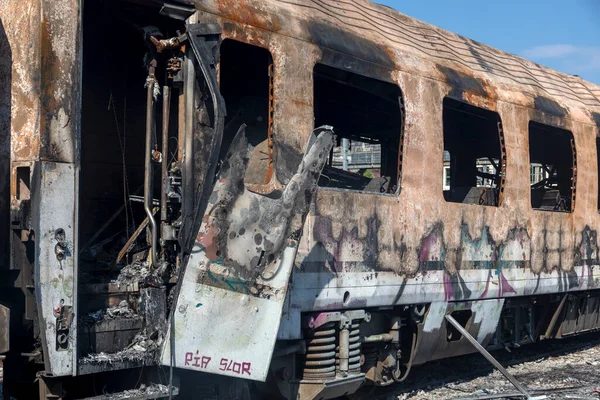 Thessaloniki Greece May 2021 Abandoned Wagons Were Burned Railway Station — Stock Photo, Image