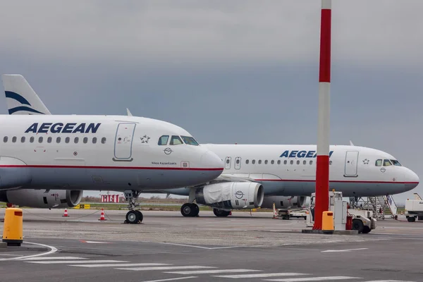 Thessaloniki Greece April 2021 Plane Greek Company Aegean Parked Thessaloniki — Stock Photo, Image