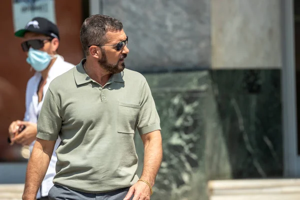 Salonicco Grecia Luglio 2021 Attore Spagnolo Antonio Banderas Durante Riprese — Foto Stock