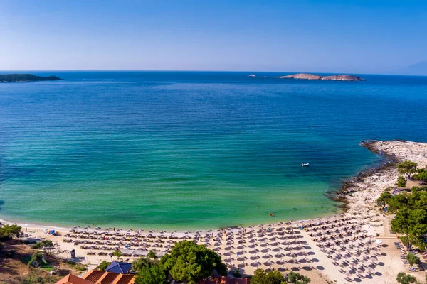 Pohled Shora Letecký Pohled Smaragdové Transparentní Středozemní Moře Bílou Pláží — Stock fotografie