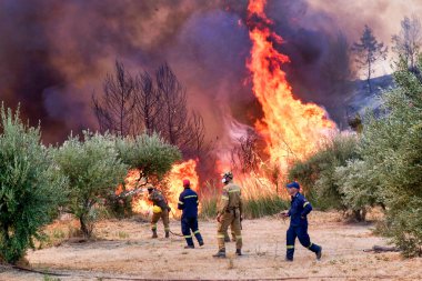 Moreloponnese, Yunanistan, 05 Ağustos 2021: Eski Olympia bölgesindeki Xelidoni köyündeki bir yangını söndürmek için itfaiyeciler mücadele ediyor