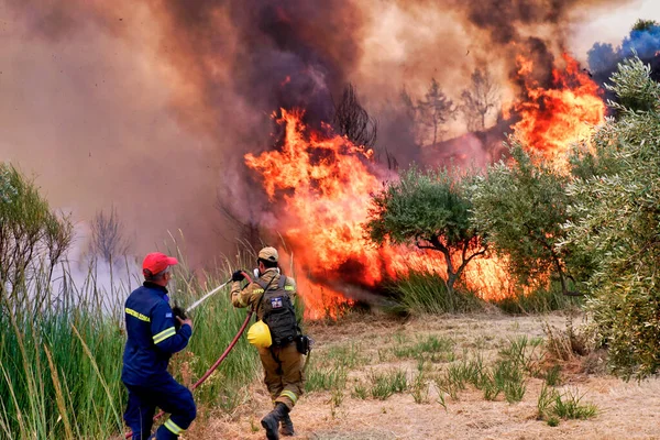 2021年8月5日 希腊伯罗奔尼撒 消防员在古代奥林匹亚地区的Xelidoni村扑灭野火的战斗 — 图库照片