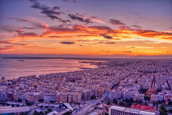 Légi Felvétel Város Thesszaloniki Naplementekor Thesszaloniki Görögország Második Legnagyobb Városa — Stock Fotó