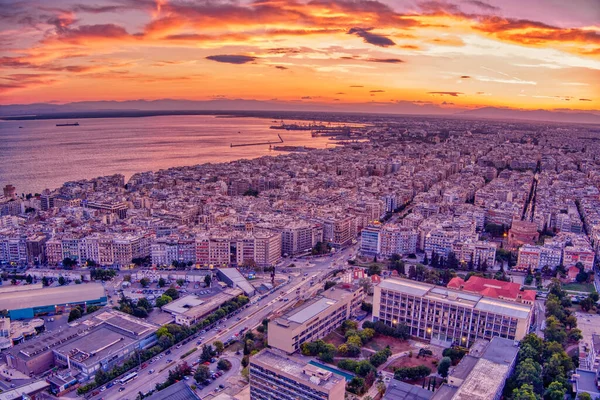 Günbatımında Selanik Şehrinin Hava Manzarası Selanik Yunanistan Ikinci Büyük Kenti — Stok fotoğraf