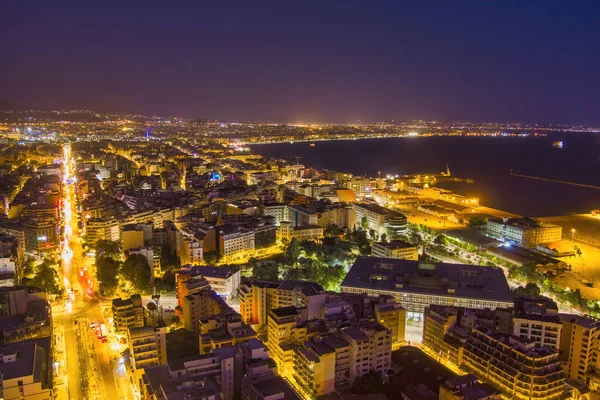 Luchtfoto Van Thessaloniki Nachts Thessaloniki Één Grootste Stad Van Griekenland — Stockfoto