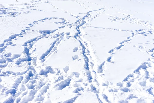 Huellas de esquí en la nieve en las montañas de invierno de cerca —  Fotos de Stock