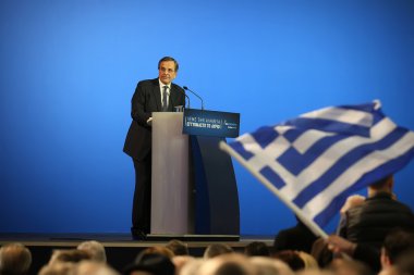 Başbakan Antonis Samaras ulusal seçimlerin beş gün önce seçimleri öncesi seçimleri konuşmasında vermek Thessaloniki ziyaret.