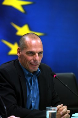 Yunanistan'ın Maliye Bakanı Yanis Varoufakis sırasında ortak bir basın 