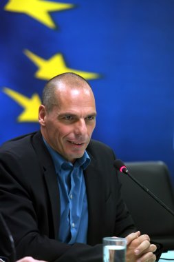 Yunanistan'ın Maliye Bakanı Yanis Varoufakis sırasında ortak bir basın 