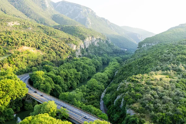 Aerial view of the bridge and the road over the river Pinios in — Stock Photo, Image