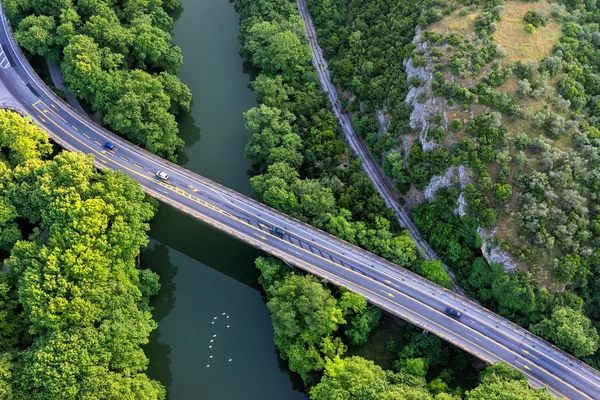 Aerial view of the bridge and the road over the river Pinios in — Stock Photo, Image