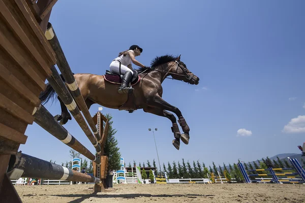 Jinete desconocido en un caballo durante los partidos de competición de equitación ronda —  Fotos de Stock