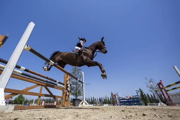 Cavaleiro desconhecido em um cavalo durante jogos de competição montando em torno de — Fotografia de Stock