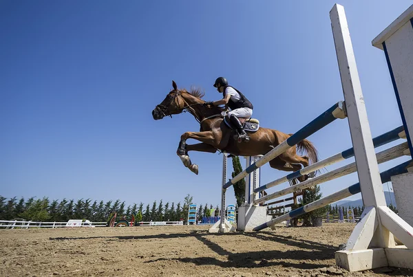 Cavaleiro desconhecido em um cavalo durante jogos de competição montando em torno de — Fotografia de Stock