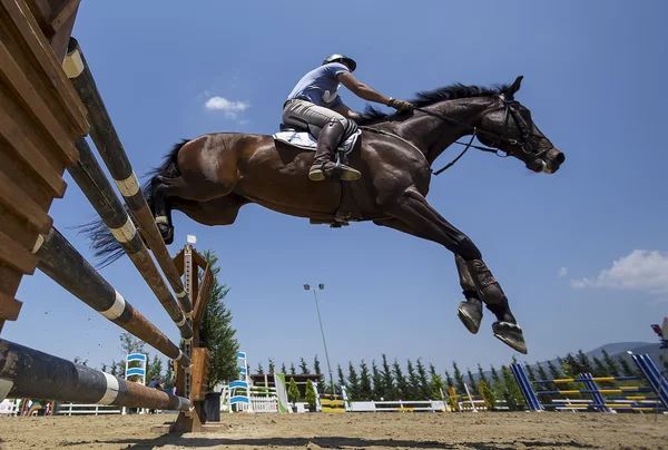 Cavaliere sconosciuto su un cavallo durante le partite di gara di equitazione giro — Foto Stock