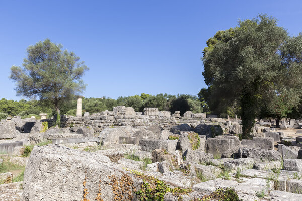 Ancient ruins of the temple Zeus, Olympia archeological site Pel