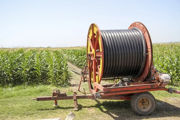 A center pivot sprinkler system watering a grain field in the fe — Stock Photo, Image