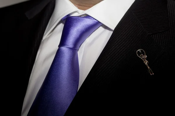 Man in black suit with purple tie and broach — Stock Photo, Image