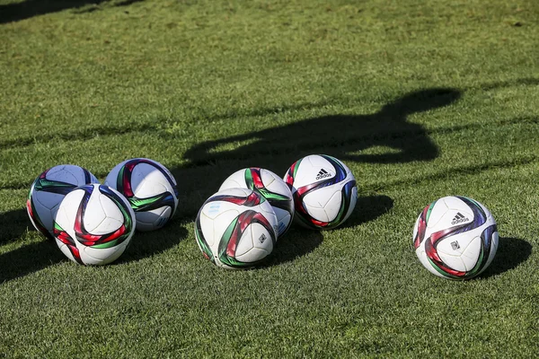 Balls of Paok team on the field of the stadium during team pract — Stockfoto