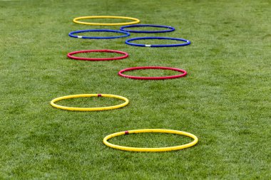 Soccer (football) training equipment on the green field of the s