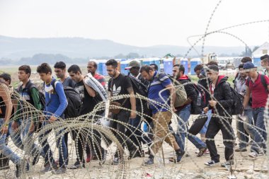 Göçmenler Greec arasındaki sınırda bir bekleyiş içinde yüzlerce