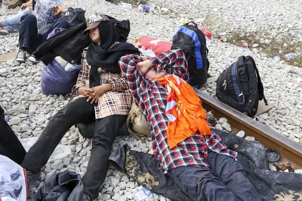 Göçmenler Greec arasındaki sınırda bir bekleyiş içinde yüzlerce