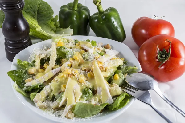 Delicious chicken salad in white plate with ingredients on the t — Stock Photo, Image