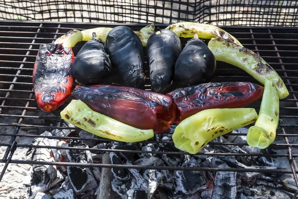 Pimentos de pimentão anaheim frescos assando sobre um fogo de carvão — Fotografia de Stock