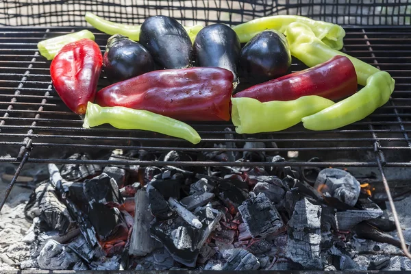 Pimentos de pimentão anaheim frescos assando sobre um fogo de carvão — Fotografia de Stock