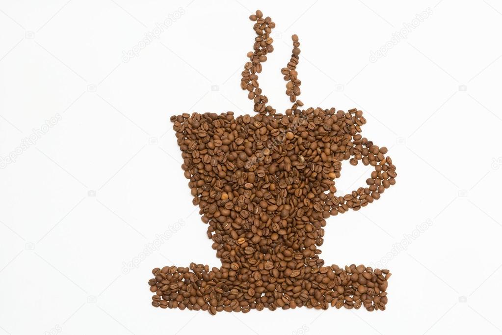 Coffee cup and steam made from beans, grain. Isolated on white b