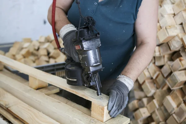 Майстер кладе цвяхи на шматок деревини на деревообробному заводі — стокове фото