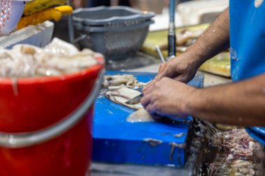 Selanik, Yunanistan, 17 Eylül 2025. Balıkçılar, açılmadan önce Kapani Market 'te taze deniz ürünleri hazırlayıp erken ticaretin ritmini yakaladılar..