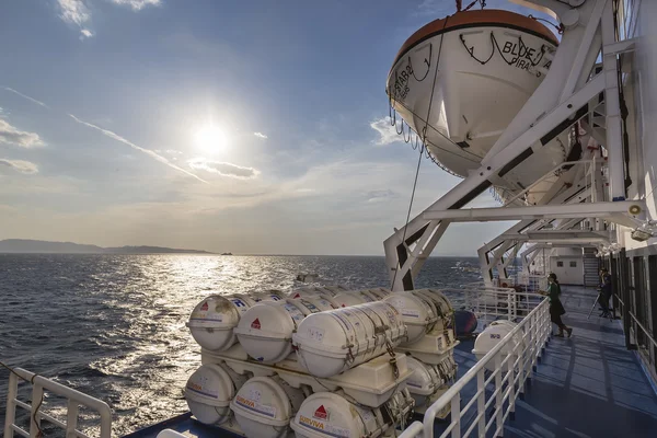 Barrels containing emergency liferafts on the ship, in Greece. R — Stock Photo, Image