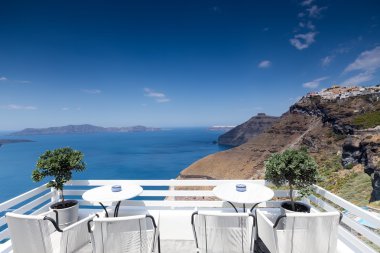 Santorini, Yunanistan bir balkon okyanus manzarası