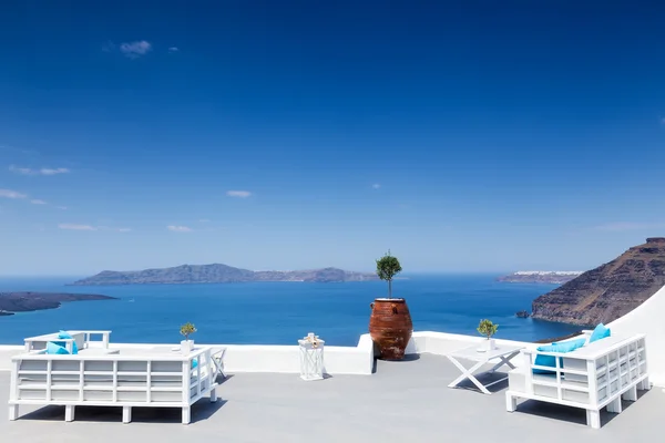 Flower pot in front of the ocean in Santorini — Stock Photo, Image