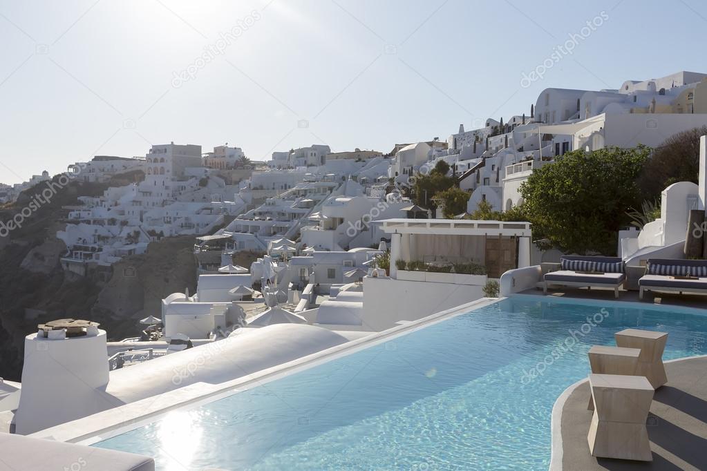 Luxury resort swimming pool in Santorini, Greece