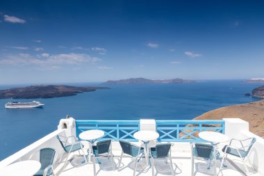 Santorini, Yunanistan bir balkon okyanus manzarası