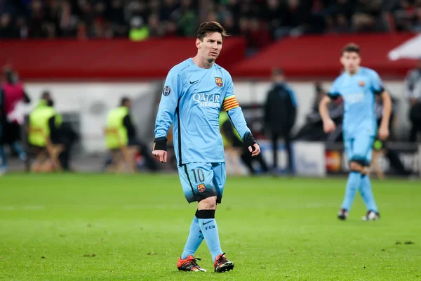 Lionel Messi durante o jogo da Liga dos Campeões da UEFA entre Bayer — Fotografia de Stock