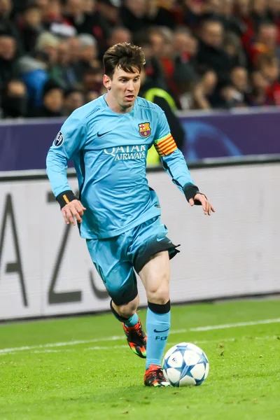 Lionel Messi under UEFA Champions League-kampen mellom Bayer stockbilde